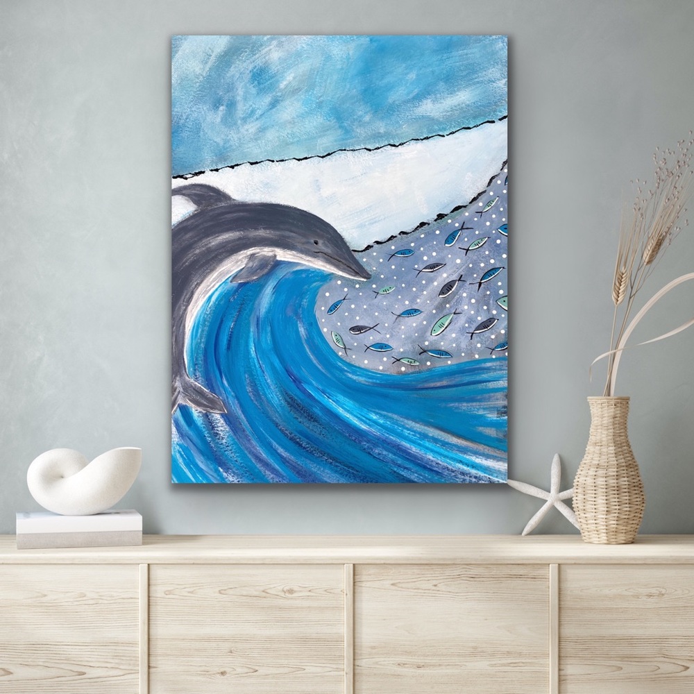 Original Dolphin Painting, Beach House Coastal Art Decor 11” x 15”